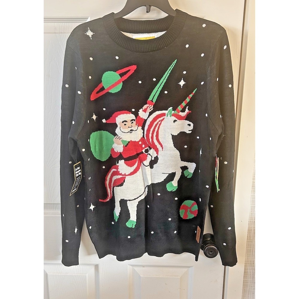 Tipsy Elves Womens Black Ugly Christmas Sweater Santa Unicorn Sz Medium NEW AAA